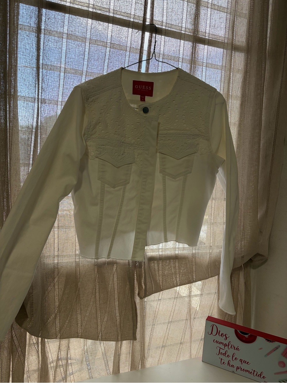 GUESS White Eyelet Cropped Jean Jacket
